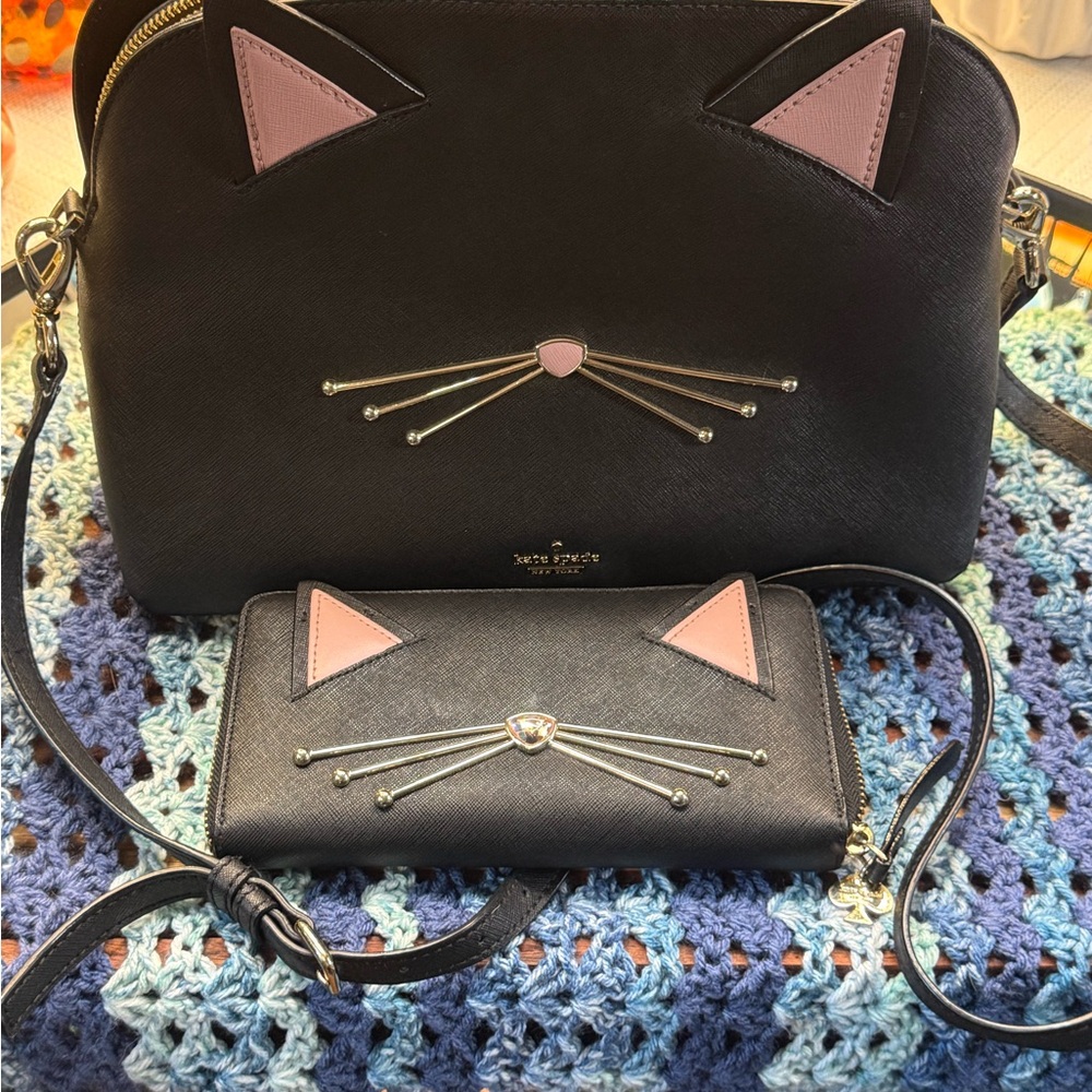 kate spade Black Cat Crossbody Bag and Wallet with Pink Accents